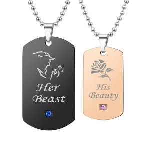 Engravable Her Beast His Beauty Matching Couple Necklaces In Titanium